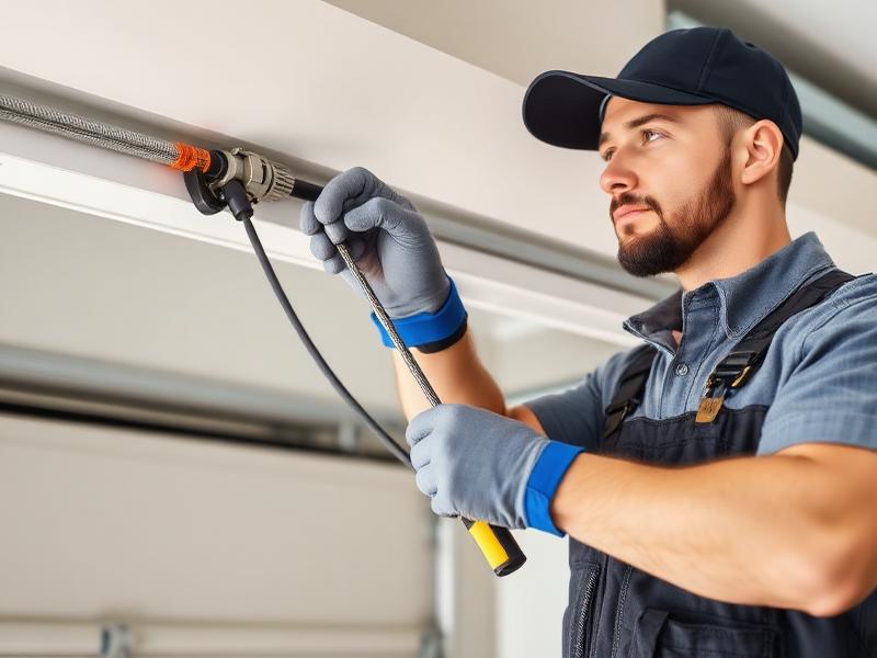 Professional garage door technician with tools providing trusted service