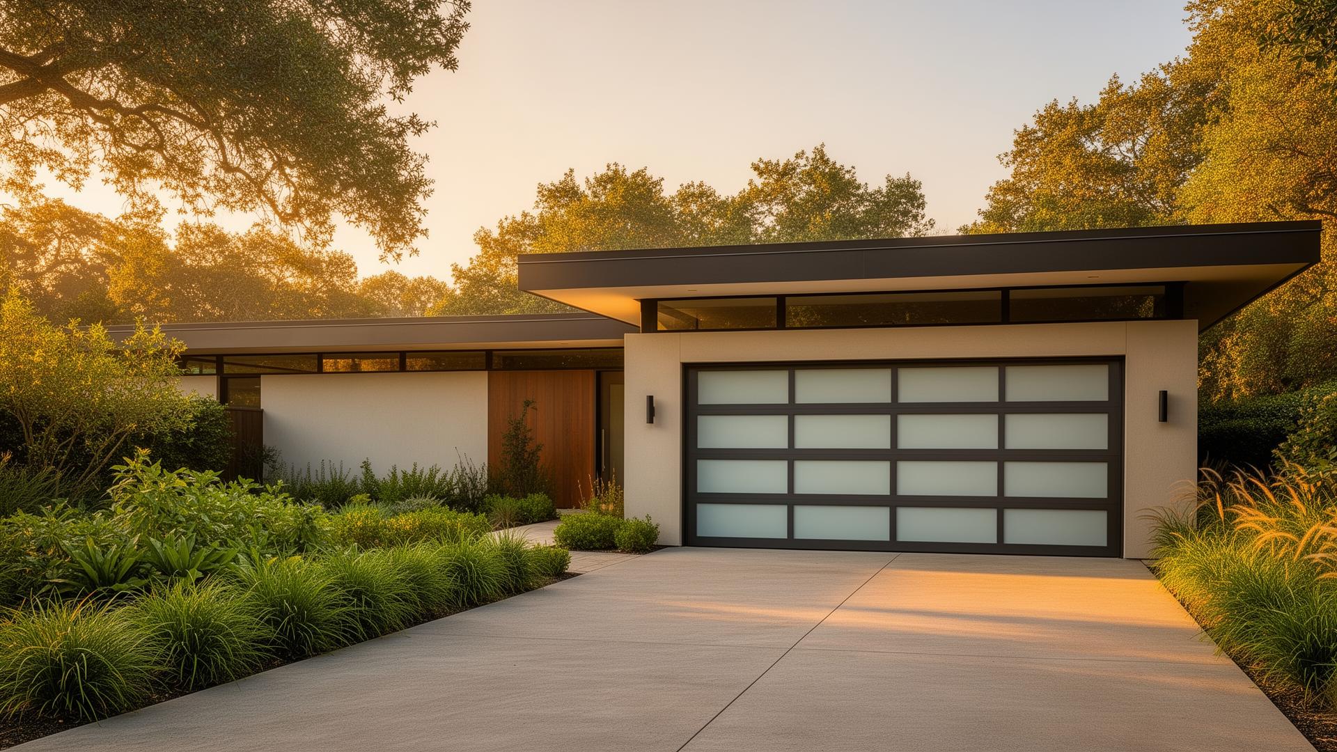 Modern sleek steel garage door with frosted glass panels on mid-century home in Lilliwaup
