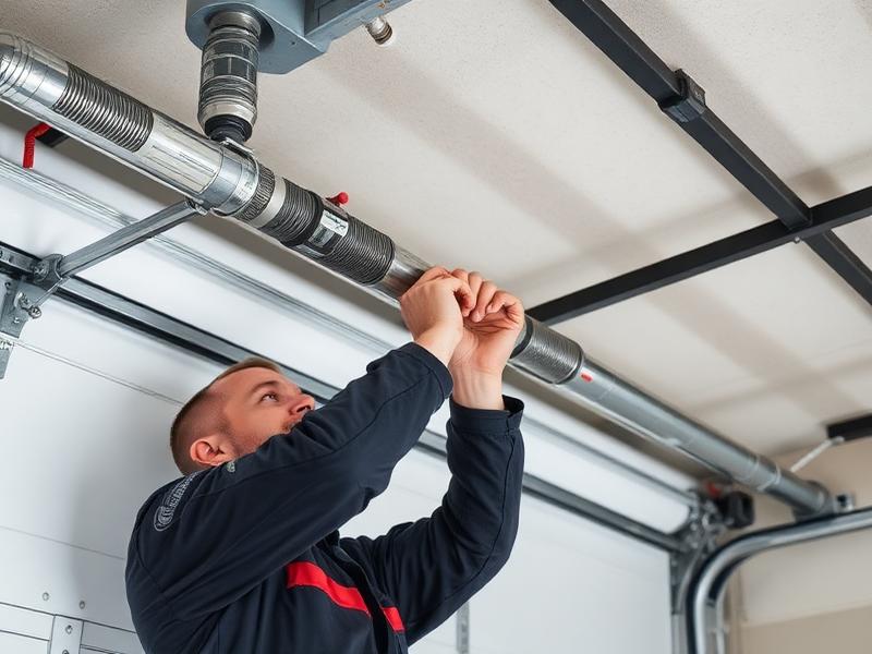 Professional garage door technician performing spring repair